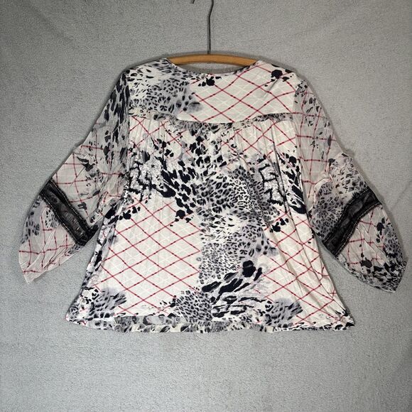 Anthropologie Women’s Mathilda Balloon Sleeve Mixed Print Blouse XL Sheer Boho - Picture 12 of 15